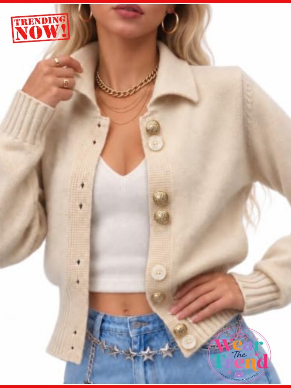 Women's Knit Cardigan Polo Collar Gold Button Cropped Sweater